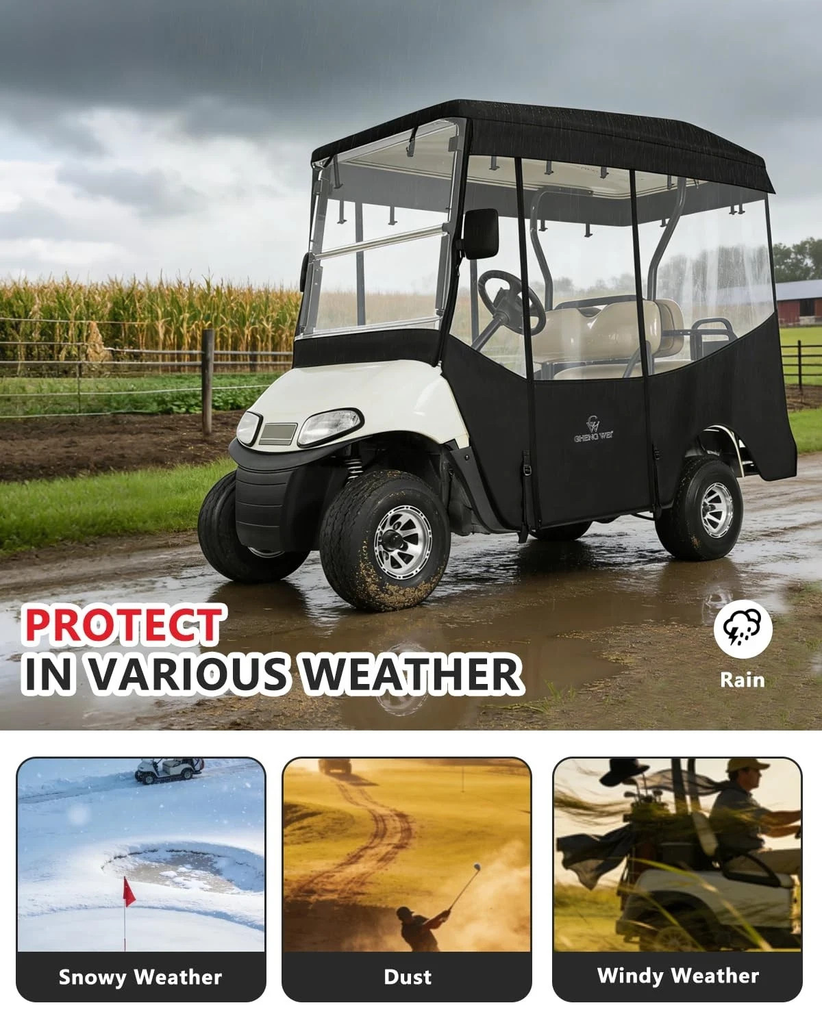 Golf Cart Enclosure 4 Passenger for EZGO RXV 4 Passenger Extended Roof Black