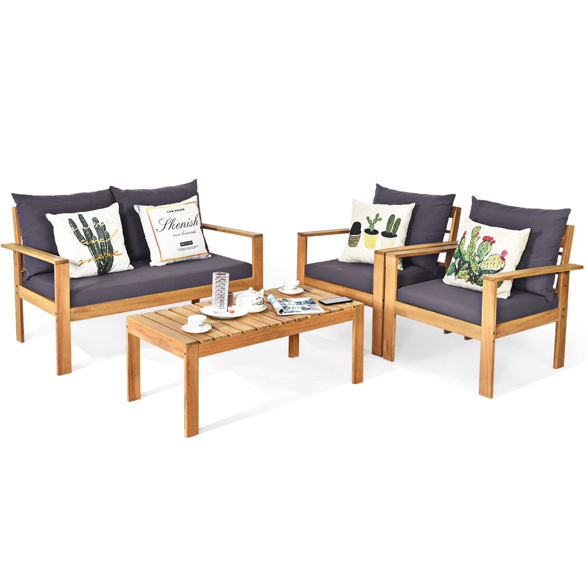 Topbuy 4 PCS Acacia Wood Conversation Sofa Table Furniture Set W/ Grey Cushions