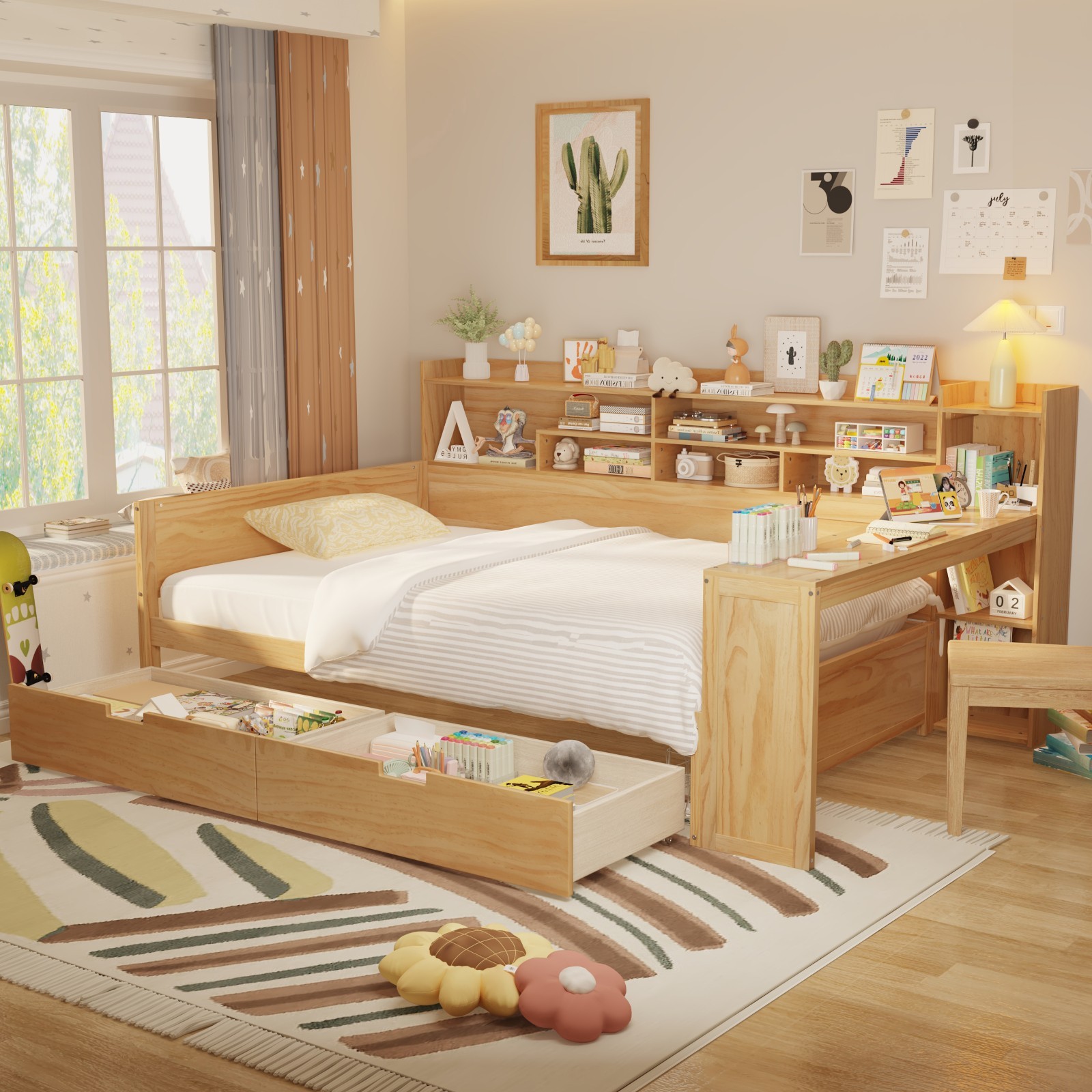 Natural Wooden Full Size Daybed Storage Shelves Multi-functional Bed Two Storage