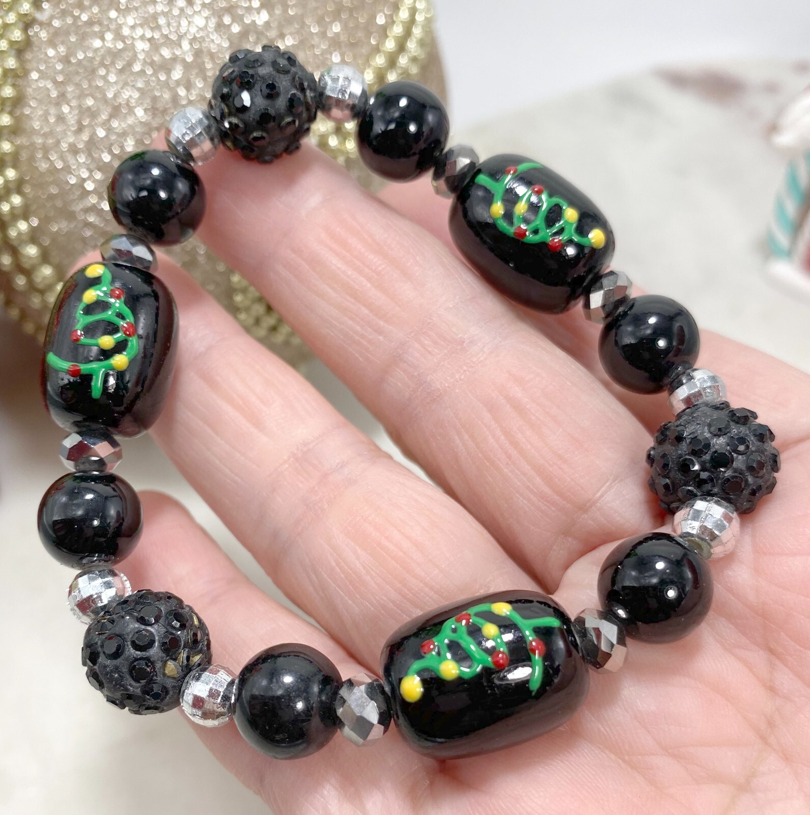 Christmas Bracelet BLACK winter wonderland Tree Handmade Stretch Bracelet Woman