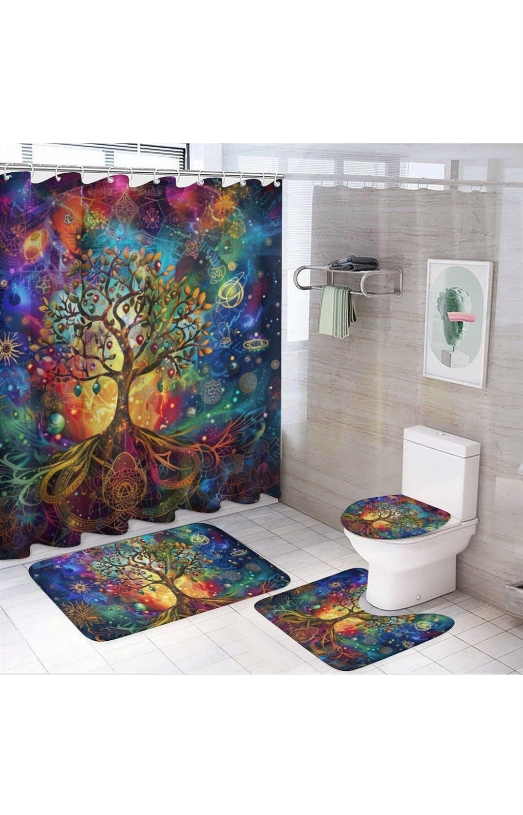 4Pcs Tree of Life Shower Curtain Set with Rugs, Toilet Lid Cover and Bath...