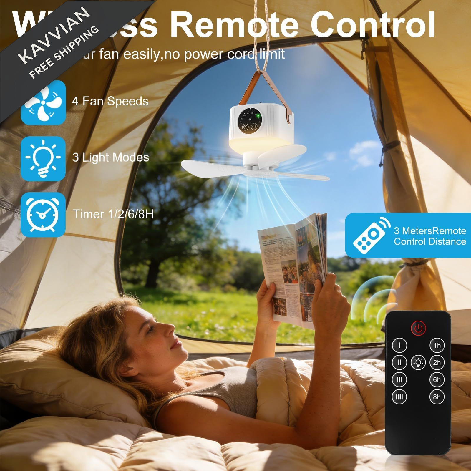 Liomus Portable Camping Fan with Lights,LED Hanging Ceiling Medium, White