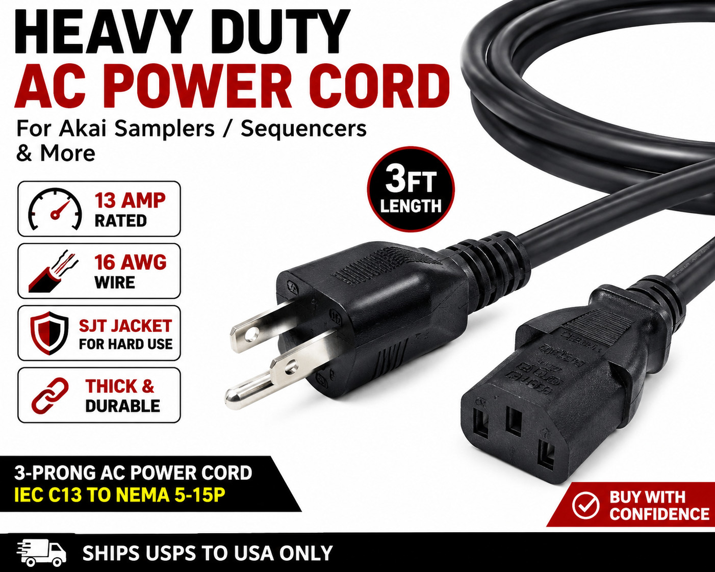 Heavy Duty 6FT 3-Prong AC Power Cord for Akai MPC Samplers Sequencers 16AWG