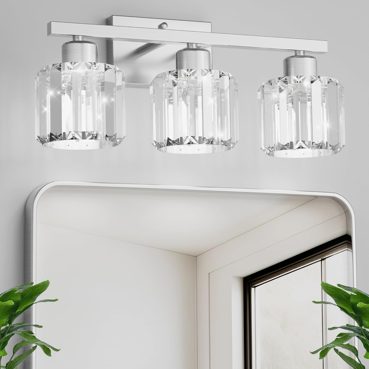 3-Light Bathroom Light Fixtures over Mirror, Brushed Nickel Crystal Wall Sconce