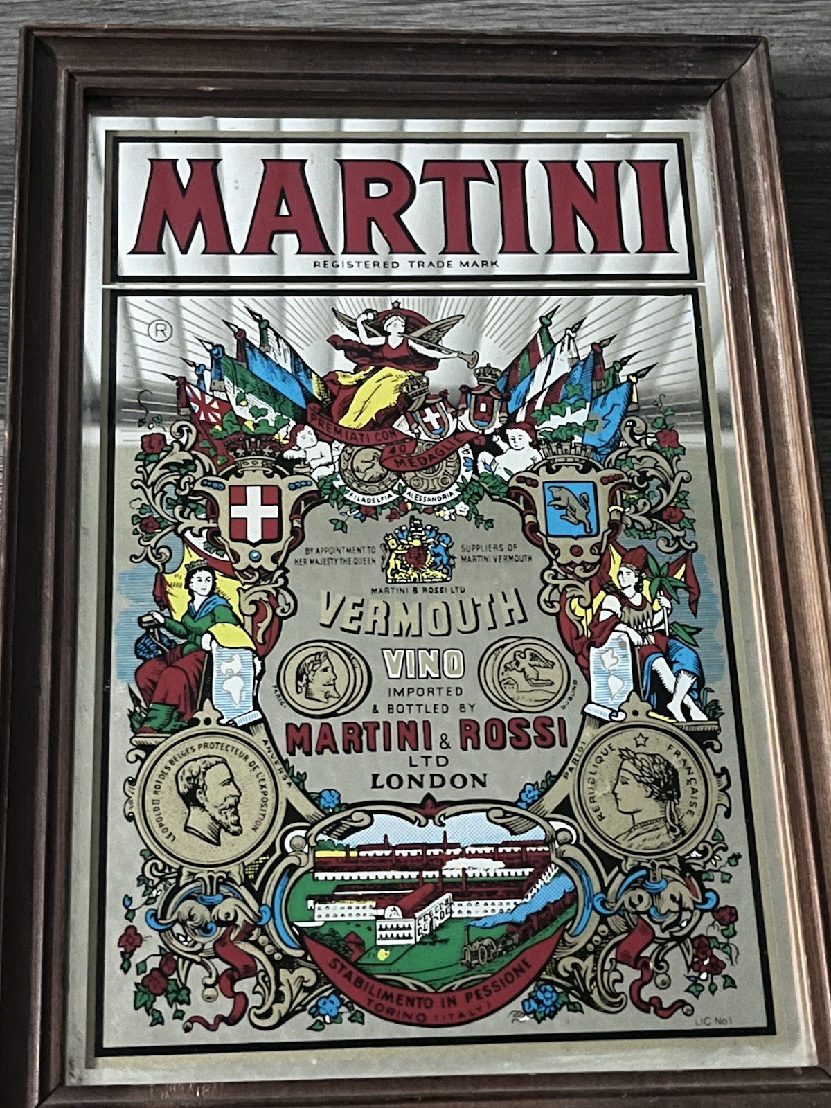 VTG Martini & Rossi Vermouth Advertising Mirror wood frame 9.25”x13.25” London