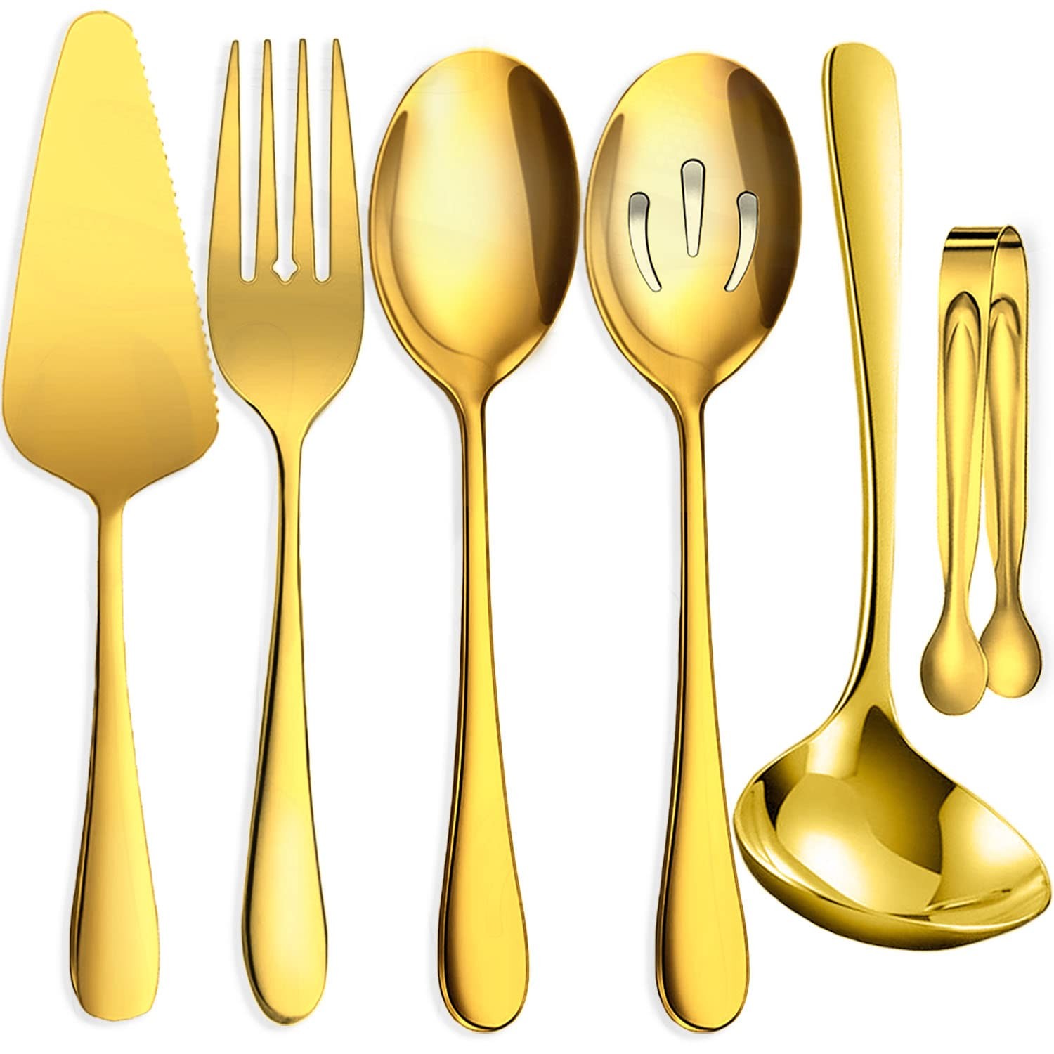 6 PCS Stainless Steel Serving Utensils Spoons Forks Tongs Ladle Gold