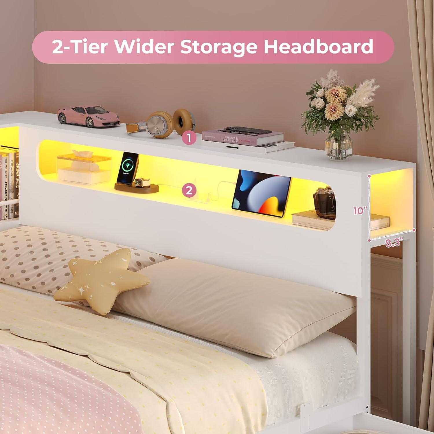 Corner Bed Frame Full Size with Bookcase Storage & Headboard White | RGB Lights,
