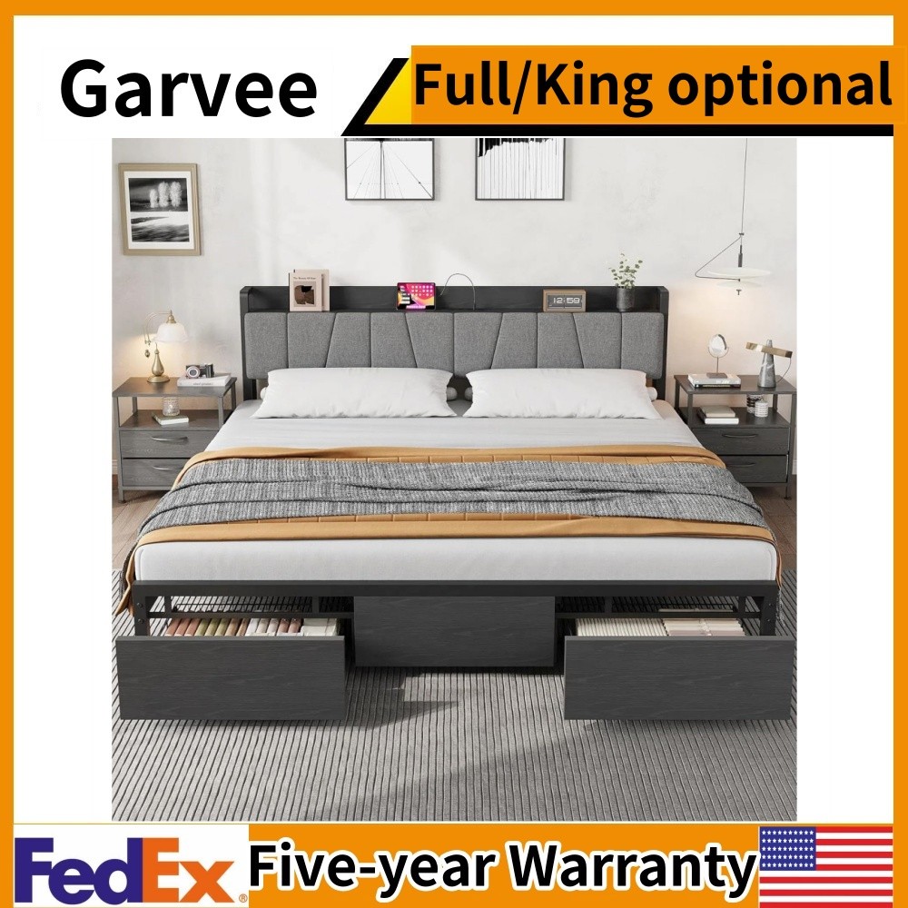 📶Full/King Bed Frame with Storage Headboard 2 Large Drawers and Charging Stat