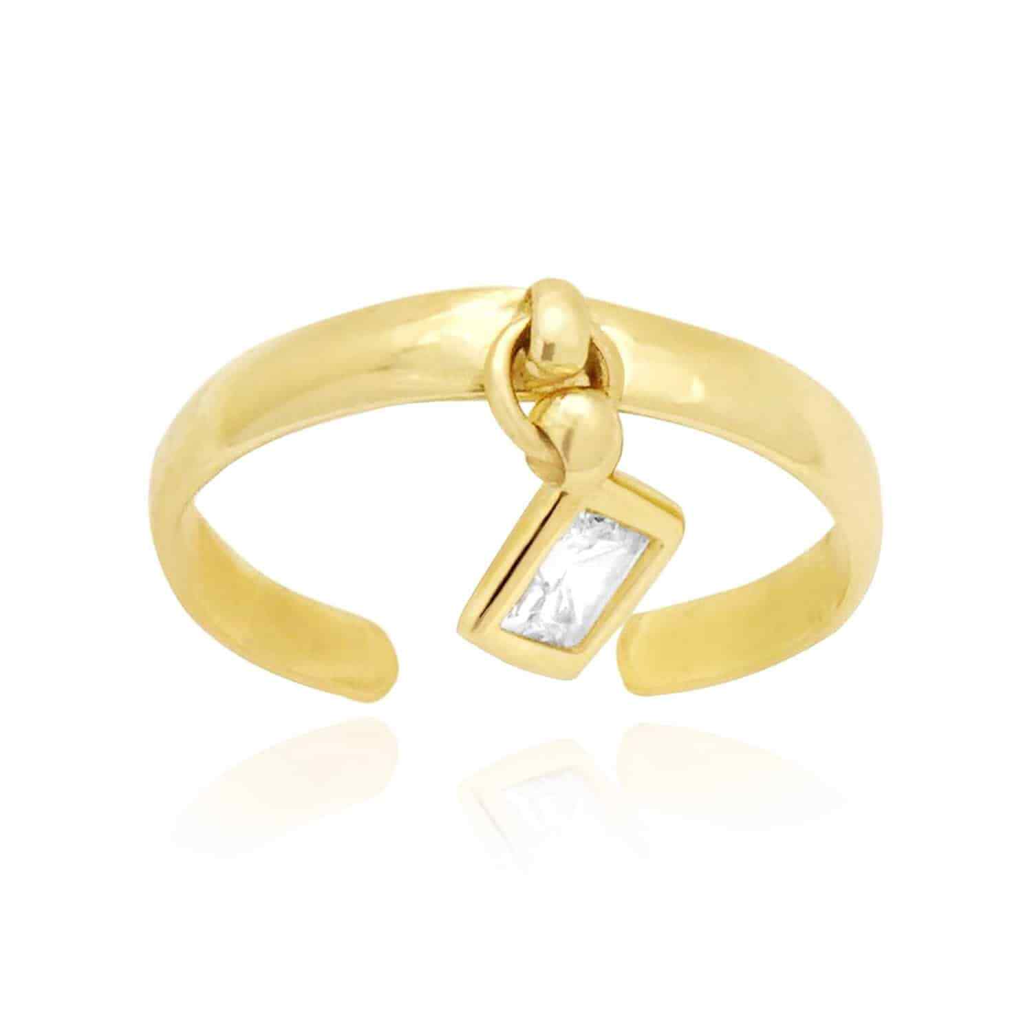 14k Real Gold Yellow White Dangle Bezel Set Princess Simulated Diamond Toe Ring