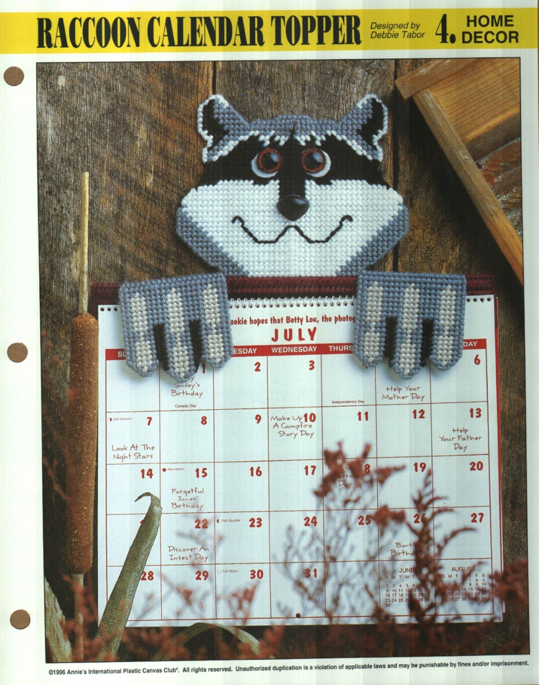 NEW RACCOON CALENDAR TOPPER ANNIE'S PLASTIC CANVAS PATTERN INSTRUCTIONS