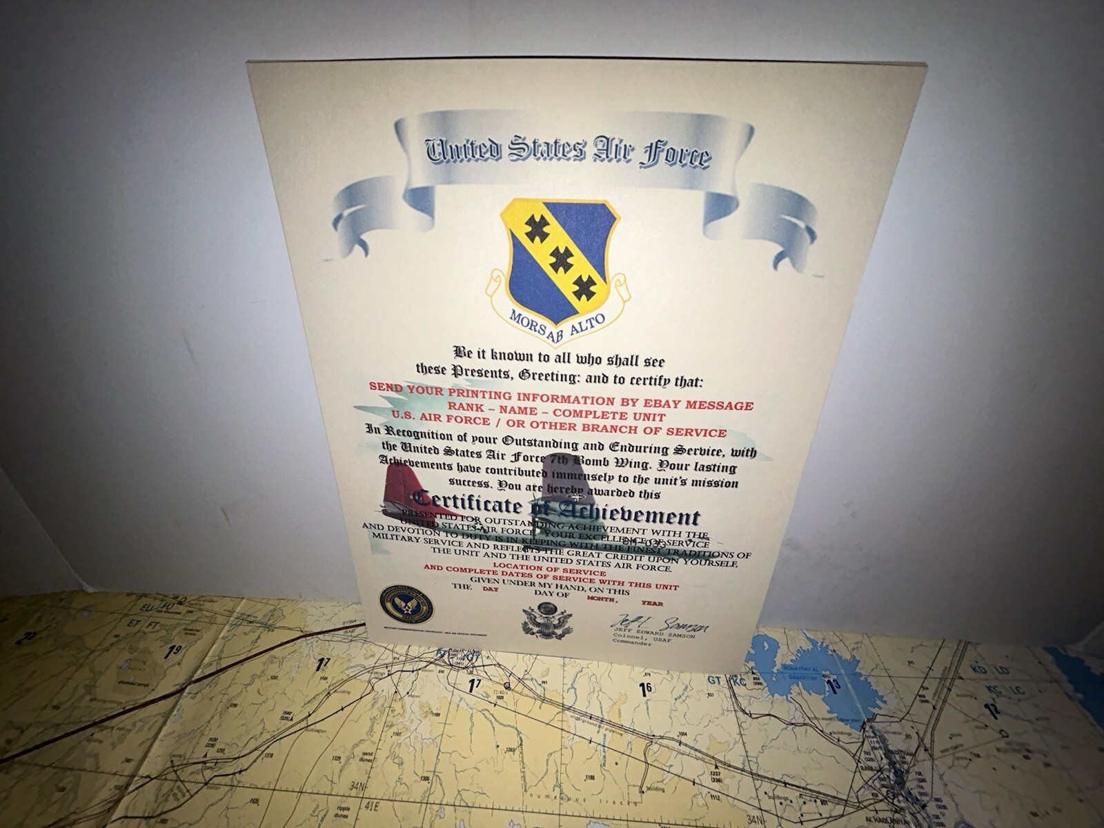 U.S.A.F. / AIR FORCE 7TH BOMB WING - CERTIFICATE OF ACHIEVEMENT