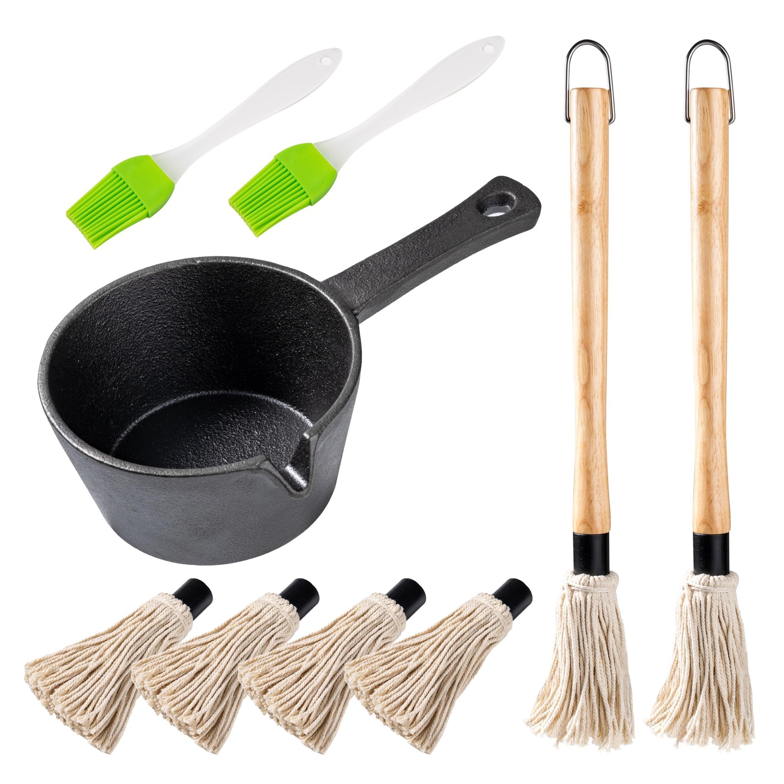 BBQ Mop Brush and Cast Iron Sauce Pot Set, 11-in-1 Value Pack includes 2Pcs W...