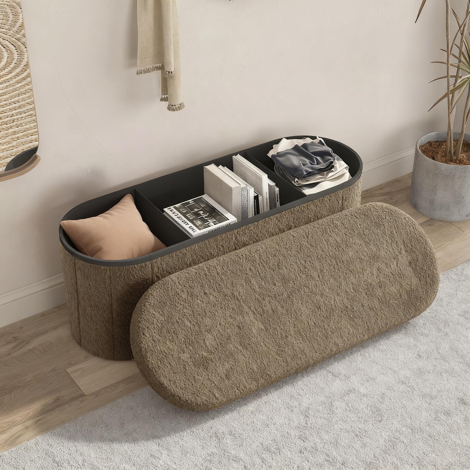 Oval Storage Ottoman Bench, Sherpa Foot Rest, 43 Inch Folding Chest for Livin...