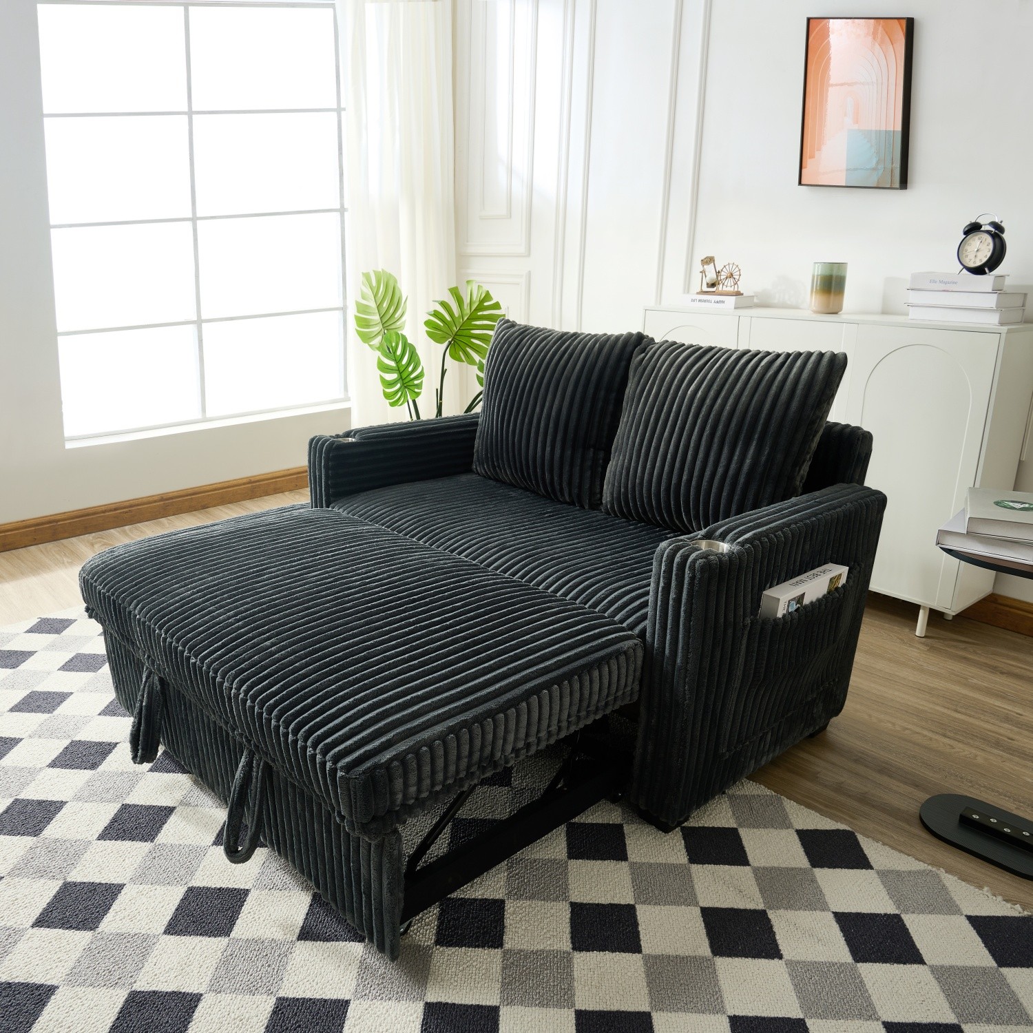Convertible Sleeper Sofa Bed Corduroy Loveseat Sofa with Pull Out Bed & USB Port