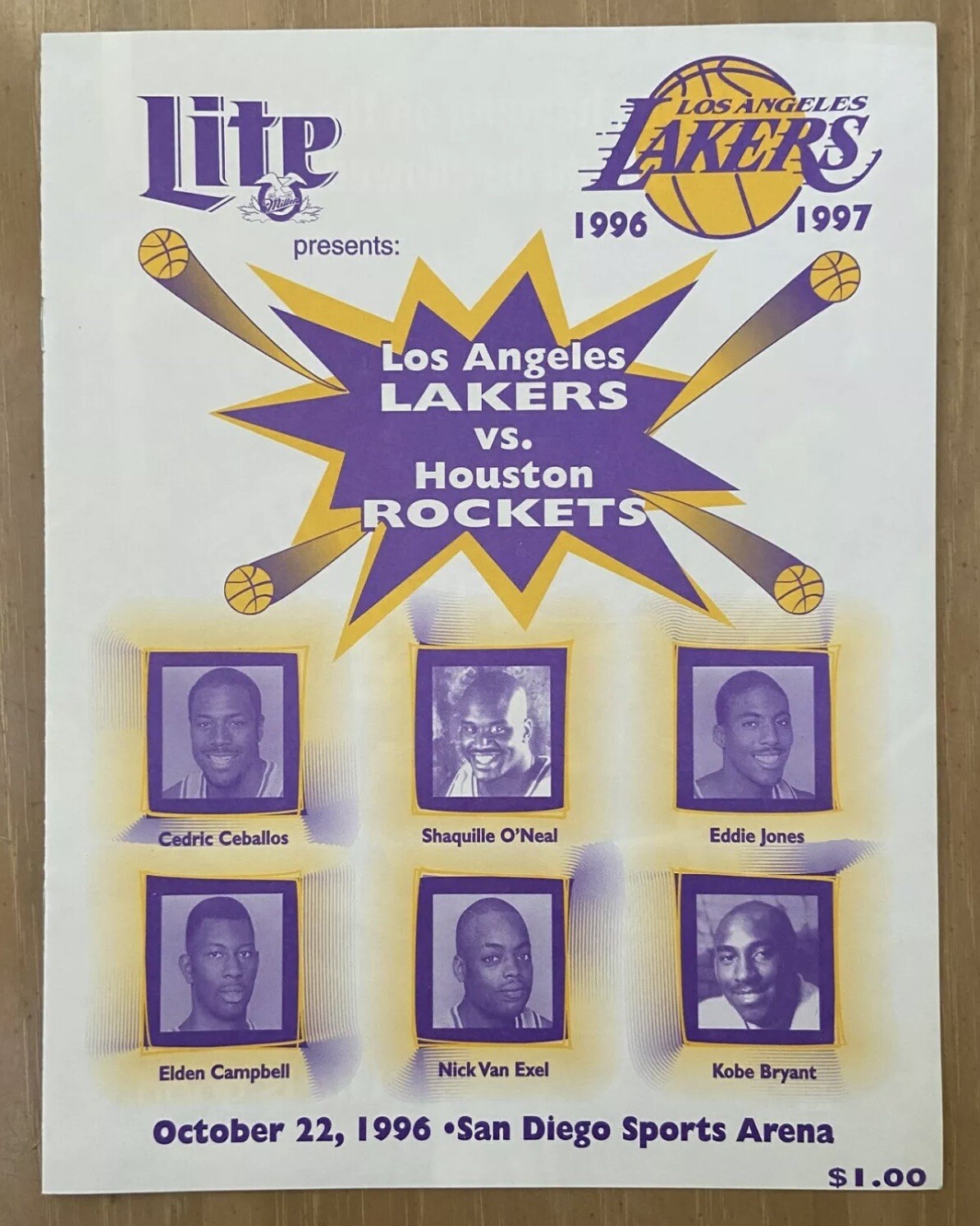 KOBE BRYANT ROOKIE YEAR PROGRAM 1996 SHAQUILLE O’NEAL LAKERS vs ROCKETS 11/22/96