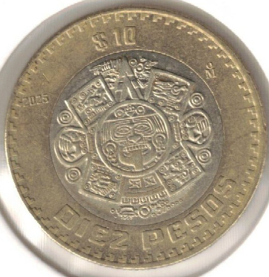 2025 Mexico 10 Pesos Bi-color Metal Sun Stone Coin!