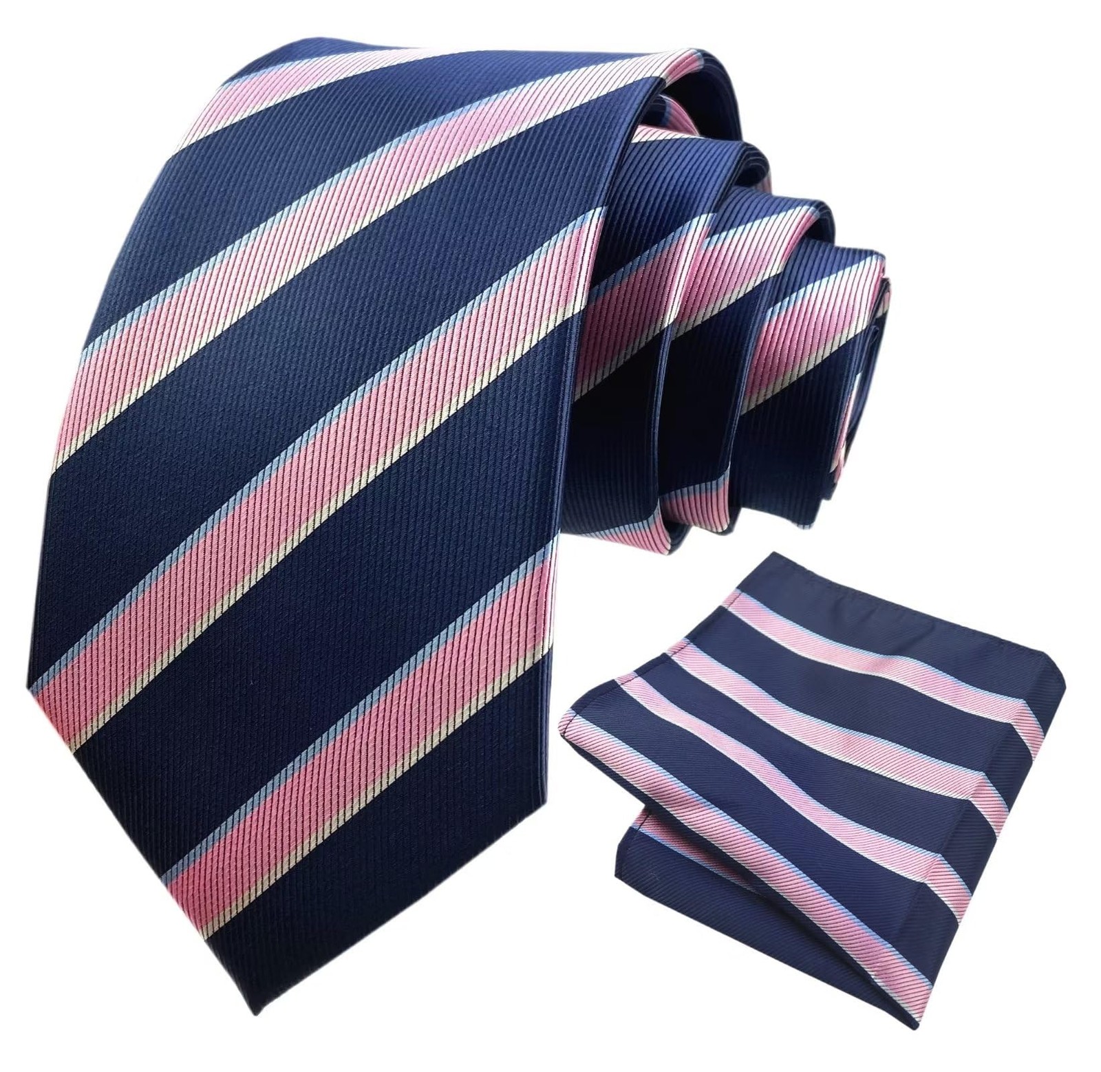 Mens Navy Blue Stripe Tie and Pocket Square Set Silk Neck Ties for Men Weddin...