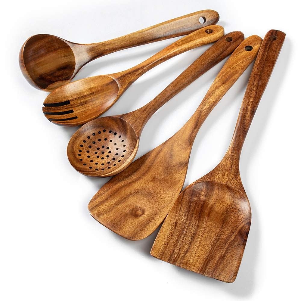 Wood Kitchen Utensils Set, 5Pcs Natural Acacia Wooden Spoons, Non-stick Skillet