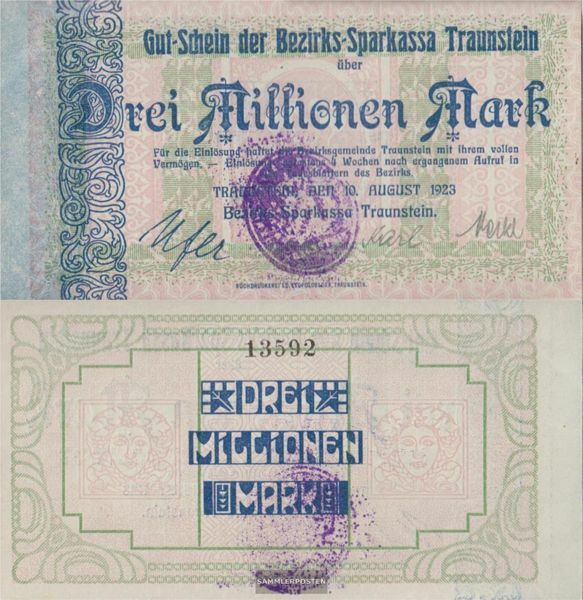 Traunstein Inflationsgeld Sparkassa Traunstein uncirculated 1923 3 Million Mark