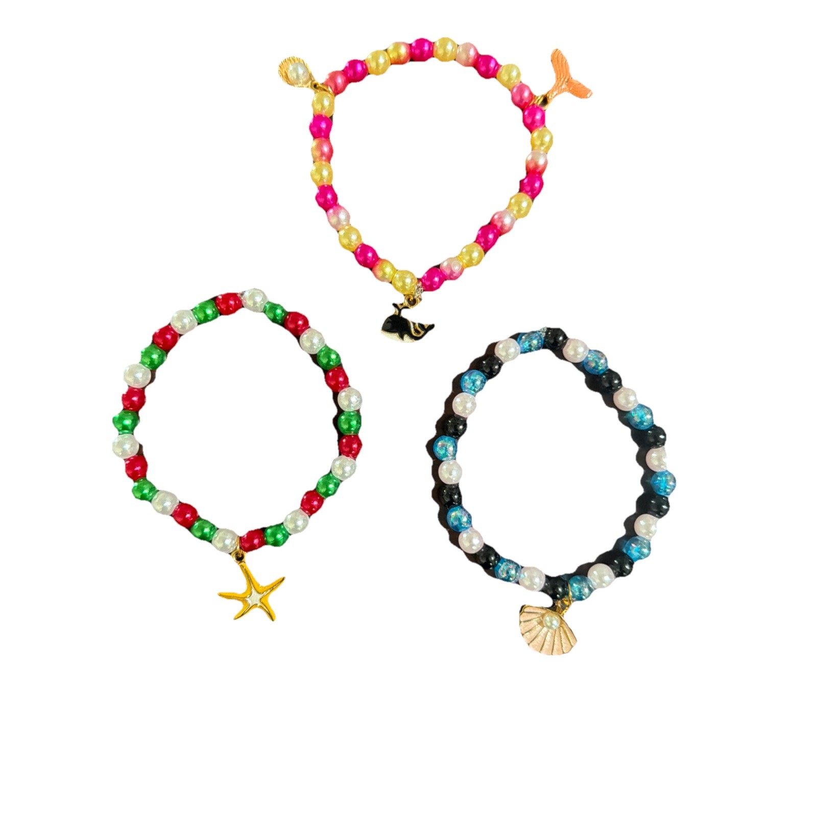 Multicolor Adjustable Beaded Charm Bracelets Set of 3 ocean themed
