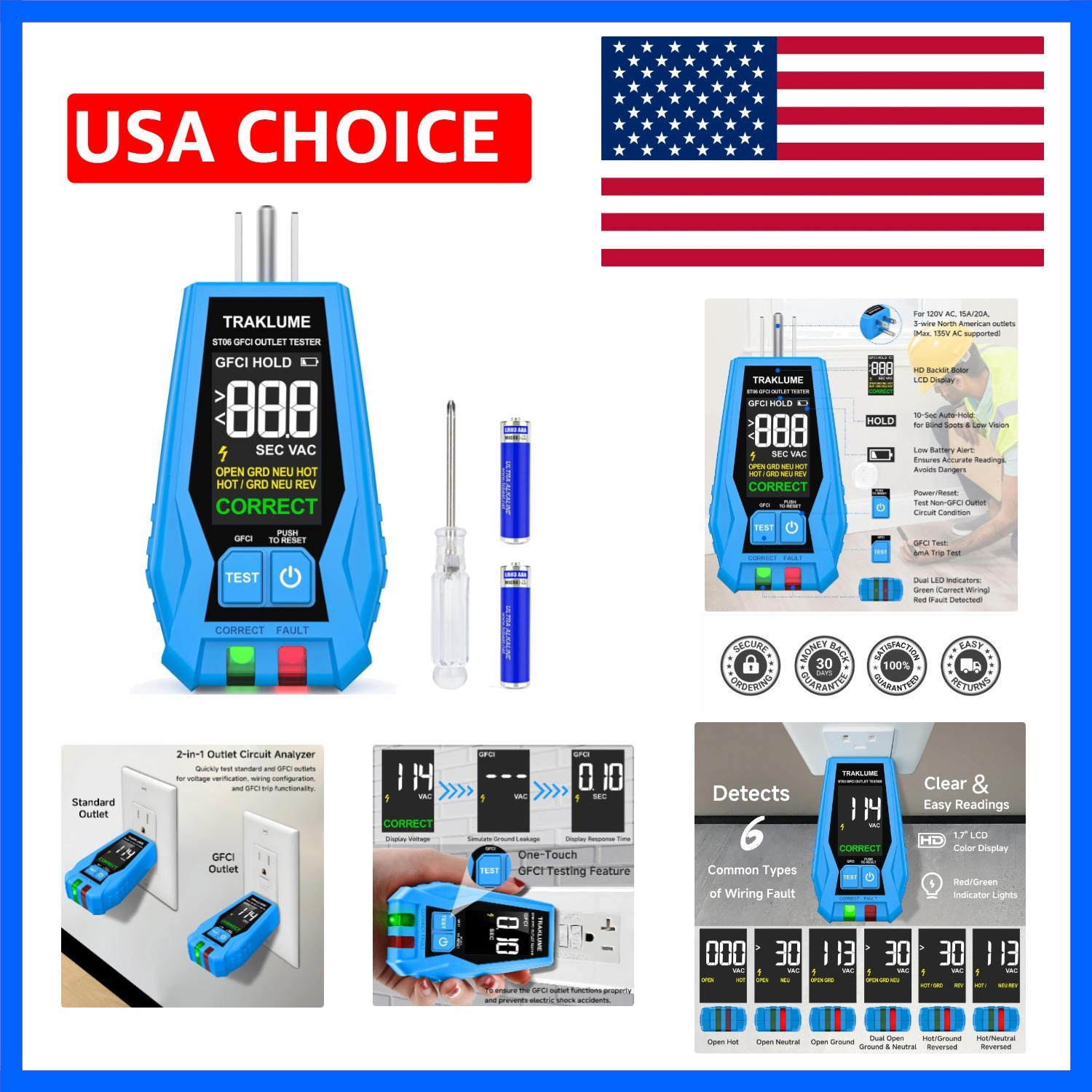 Outlet Tester with LCD Display Receptacle Tester with GFCI for Standard 3-Wir...