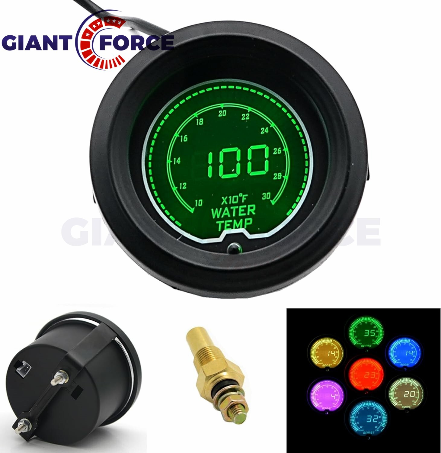 2" 52mm 7 Color LED Display Water Temp 100-300℉ Elec Gauge With Sensor