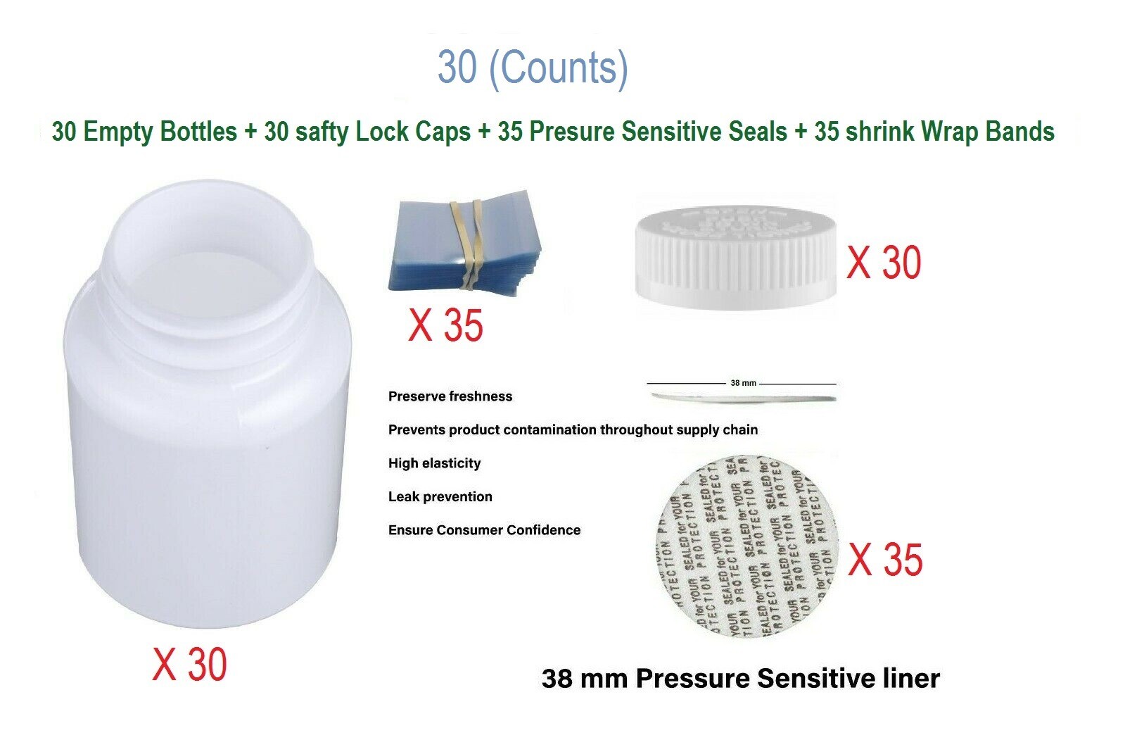 30 Counts Pharmacy Vials Mega-Pro WHITE 40 DR 150cc, Caps Seales Srinks Included