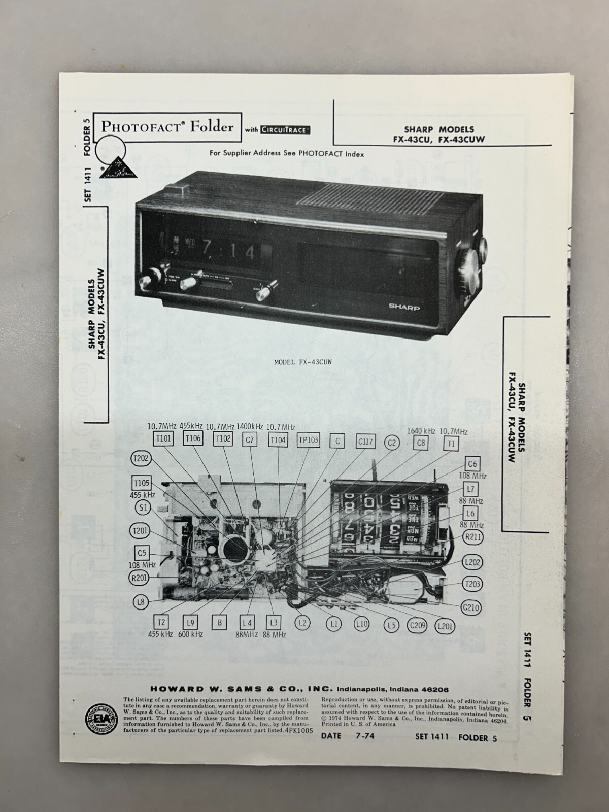 Sharp FX-43 Service Manual Sams Photofact Free Shipping