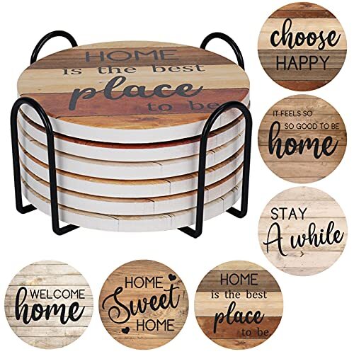 Coasters for Drinks Absorbent with Holder, 6 Pcs Ceramic Drink Coasters Brown