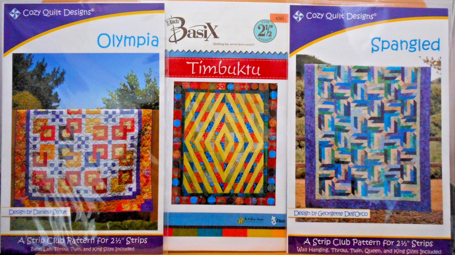 3 Quilt Patterns For 2 1/2" Strips-Olympia, Timbuktu-Spangled New #123