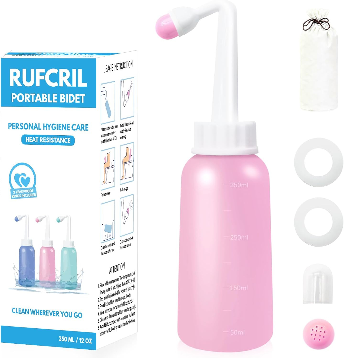 Mini Peri Bottle, 350Ml Portable Travel Bidet with Extra Ring and Carry Bag, TPE