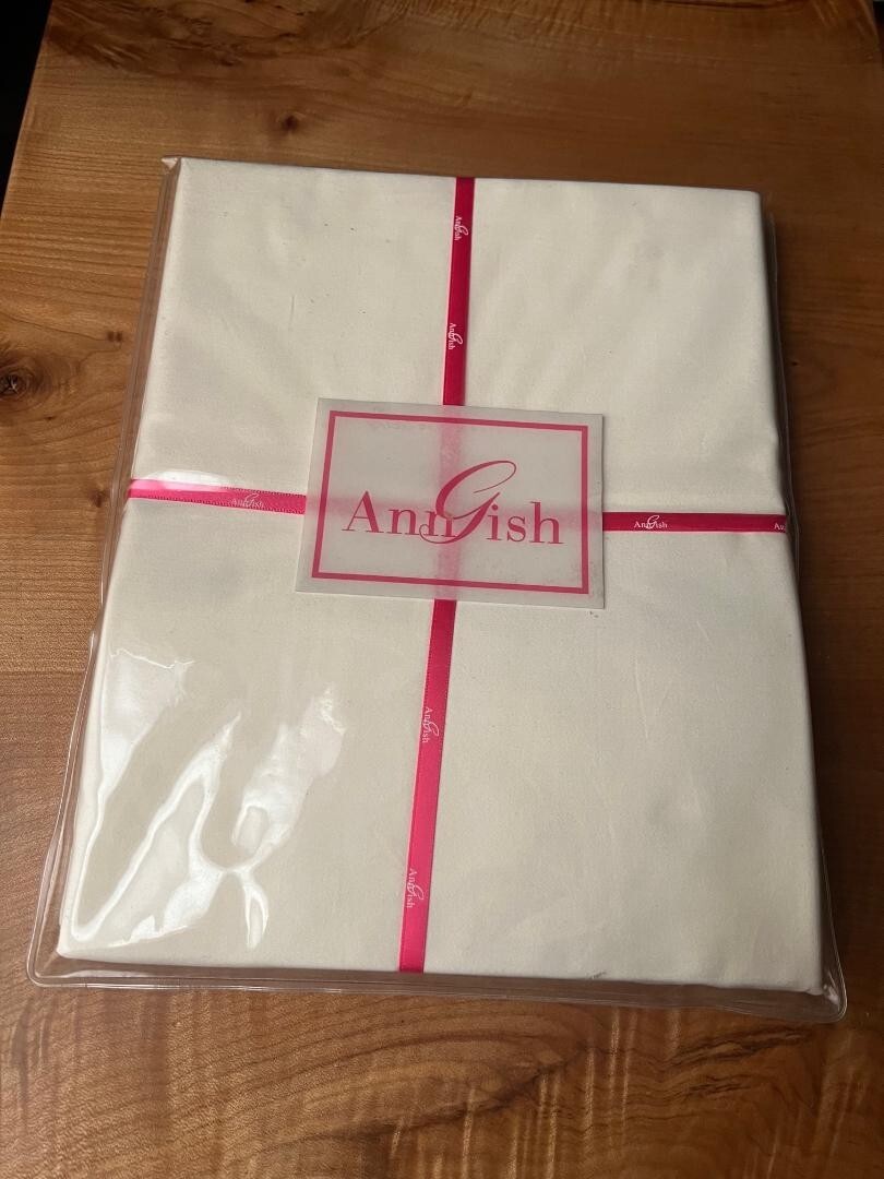 NWT $163 Ann Gish Cotton Sateen KING Pillowcases Set - Ivory w/ Frost Silk Trim