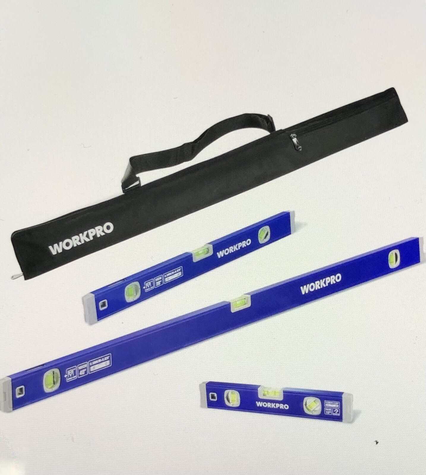 WorkPro 3-Piece Spirit Level Set 12", 20", 40" Magnetic Bubble Levels Carry Bag