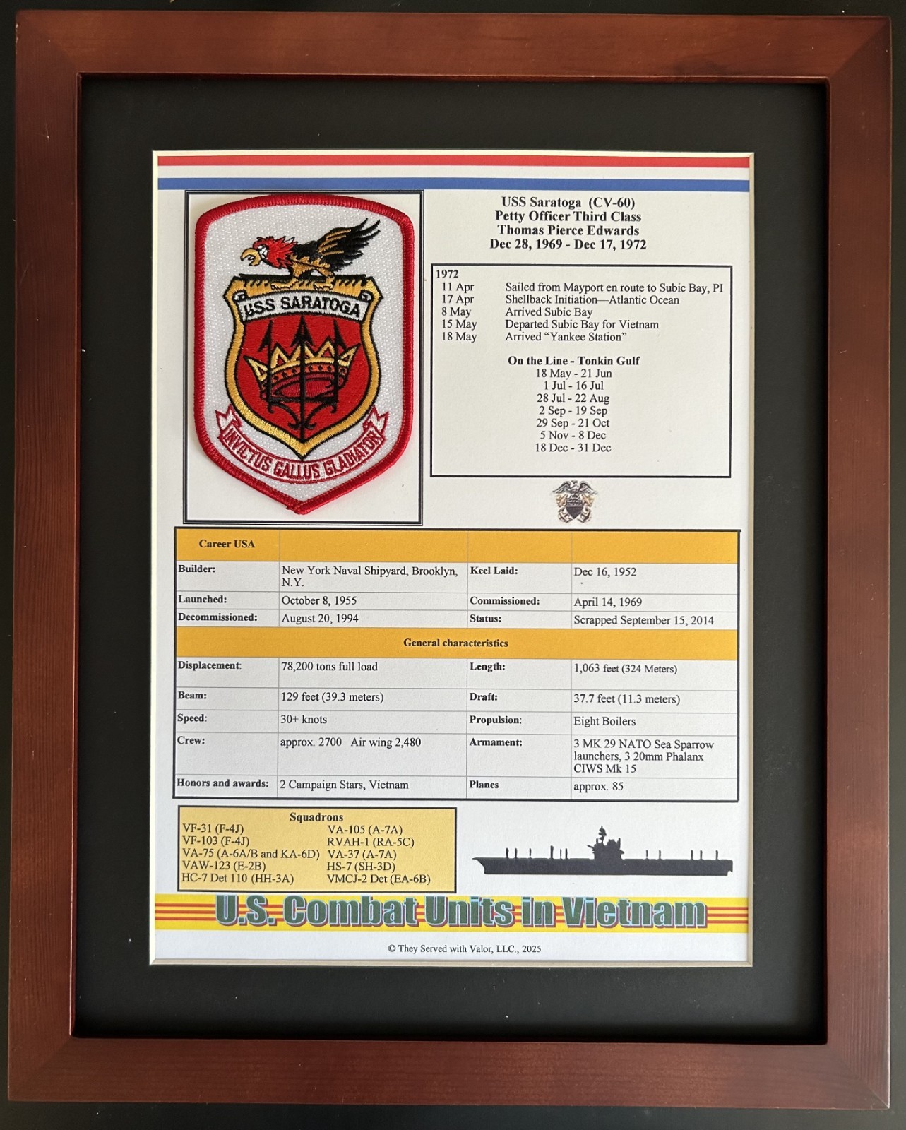USS Saratoga Ship's Insignia and History in Vietnam 11 x 14 CV-60 Yankee Station