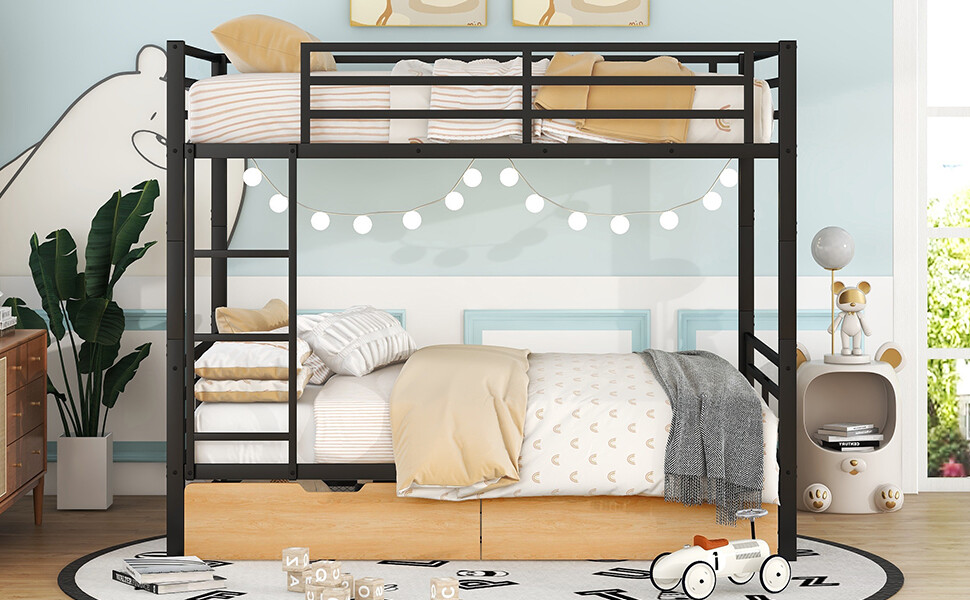Metal Bed Frame Full Size Convertible Bunk Bed with 2 Drawers for Bedroom Black