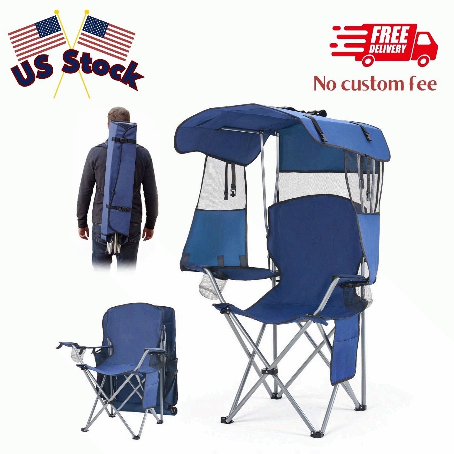 Folding Camping Chair with Canopy Shade, Portable Beach Chair w/ Storage Pocket