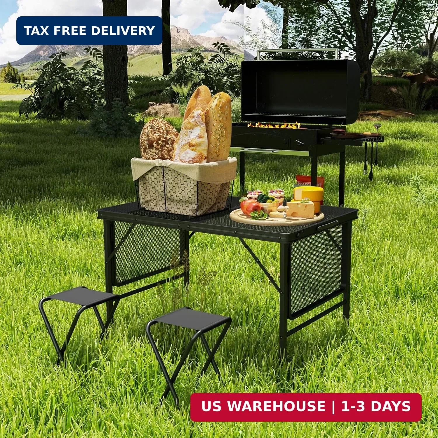 Outsunny Folding Grill Table, 4.5 ft Portable Camping Table with 2 Wing Panels,