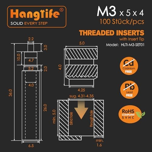 M3 Heat-Set Threaded Inserts with Insert Tip, Heat Set M3 x D5 x L4(100pcs)