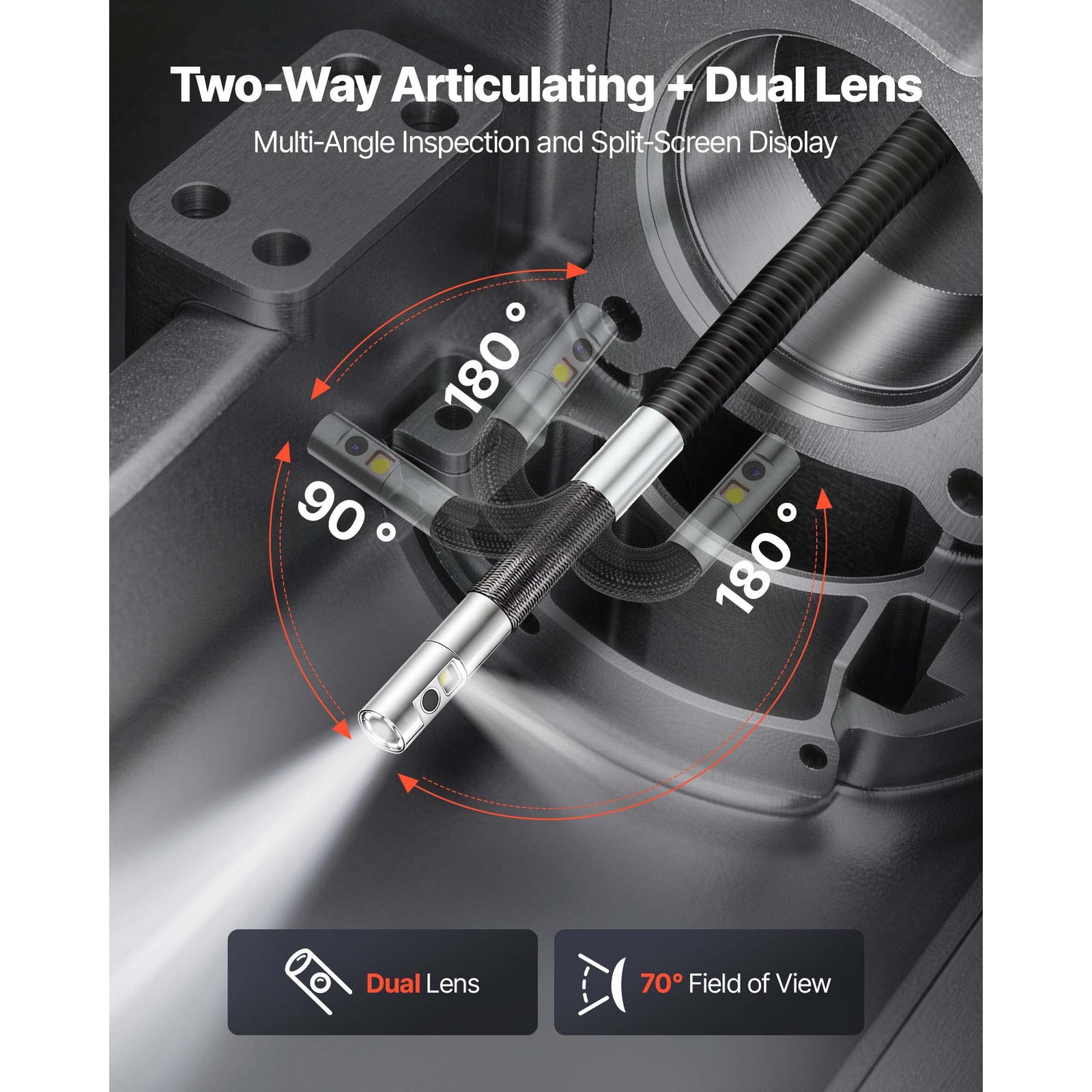 Uimoso Dual-Lens 2-Way Articulating Endoscope with 5" Split-Screen Display