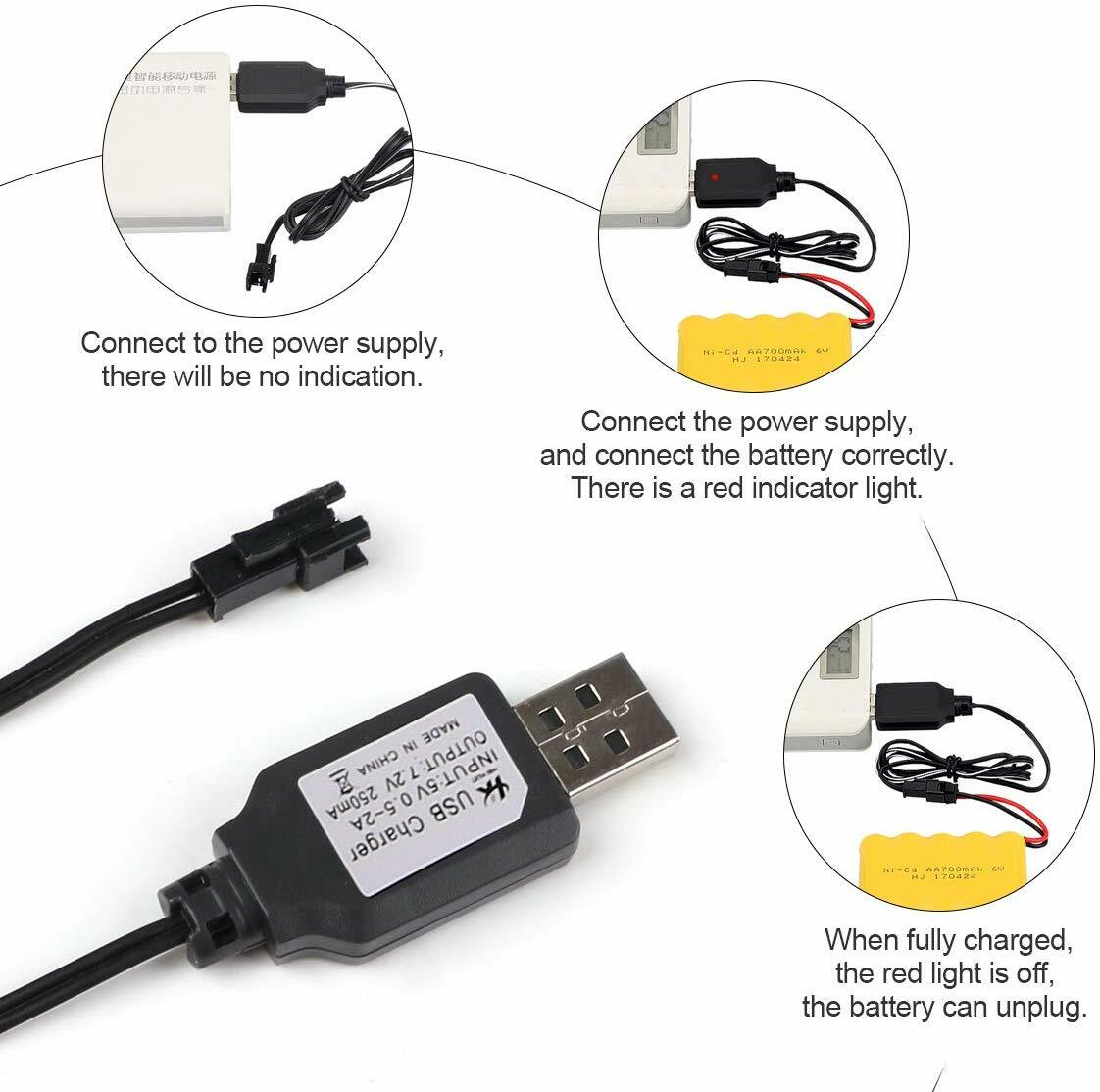 2pcs 7.2V NI-MH Battery Charger USB Charging Cable SM 2P Plug For RC Car Battery
