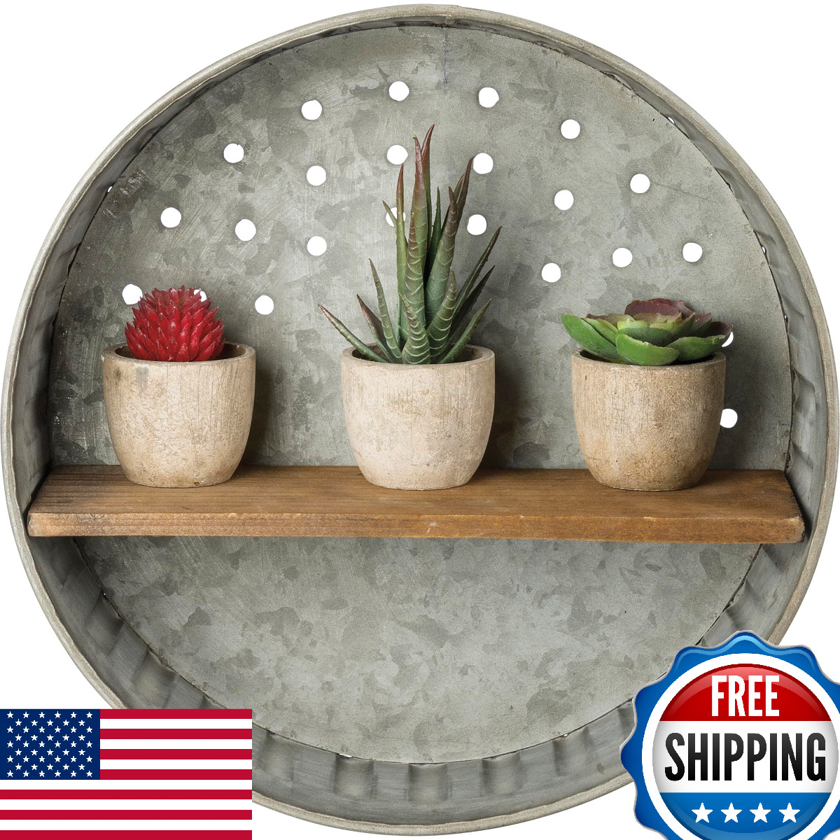 Primitives by Kathy 38024 Distressed Metal Wood Round Wall Shelf 12.5"