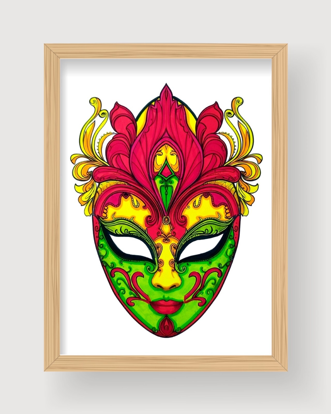 Carnival Mask Drawing Unframed Hand-Colored