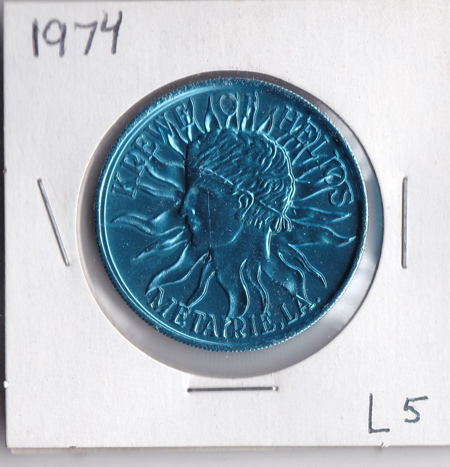 1974 Mardi Gras DOUBLOON  KREWE OF HELIOS  METAIRIE, LA  (Blue L5)