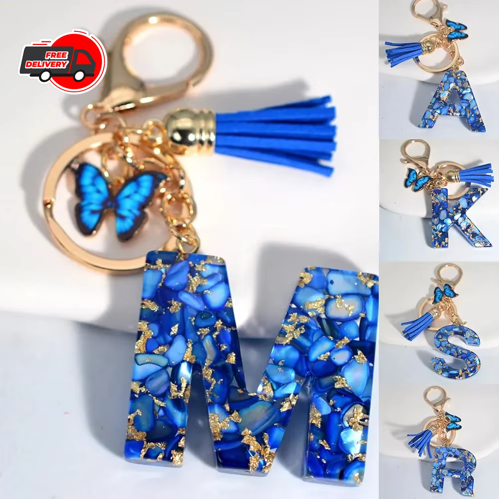 Fashion Blue A-Z Letter Keychain Butterfly Tassel Car Bag Charm Women JewelrySet