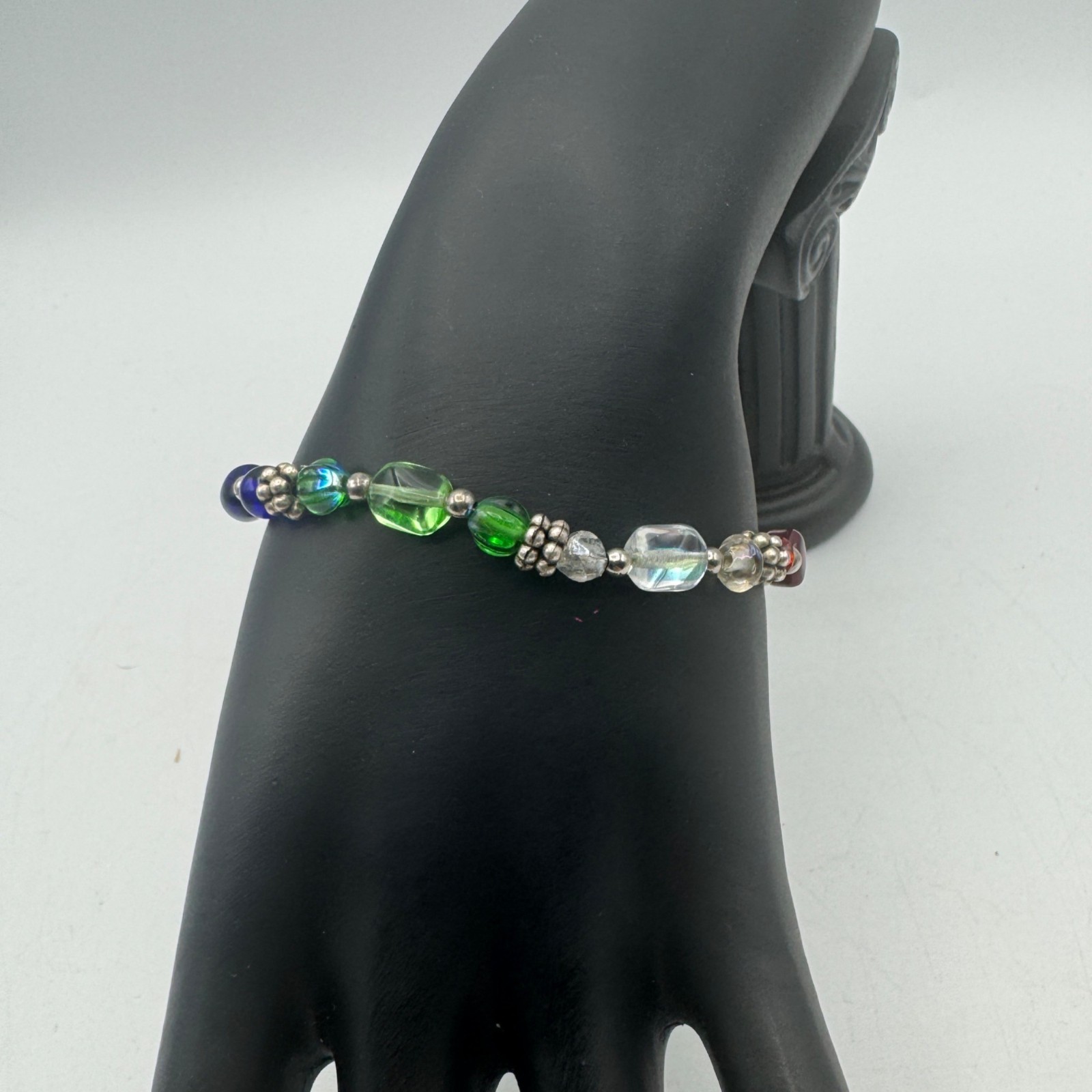 Colorful Glass Bead Bracelet With Silver Accents Adjustable Clasp Handmade Boho