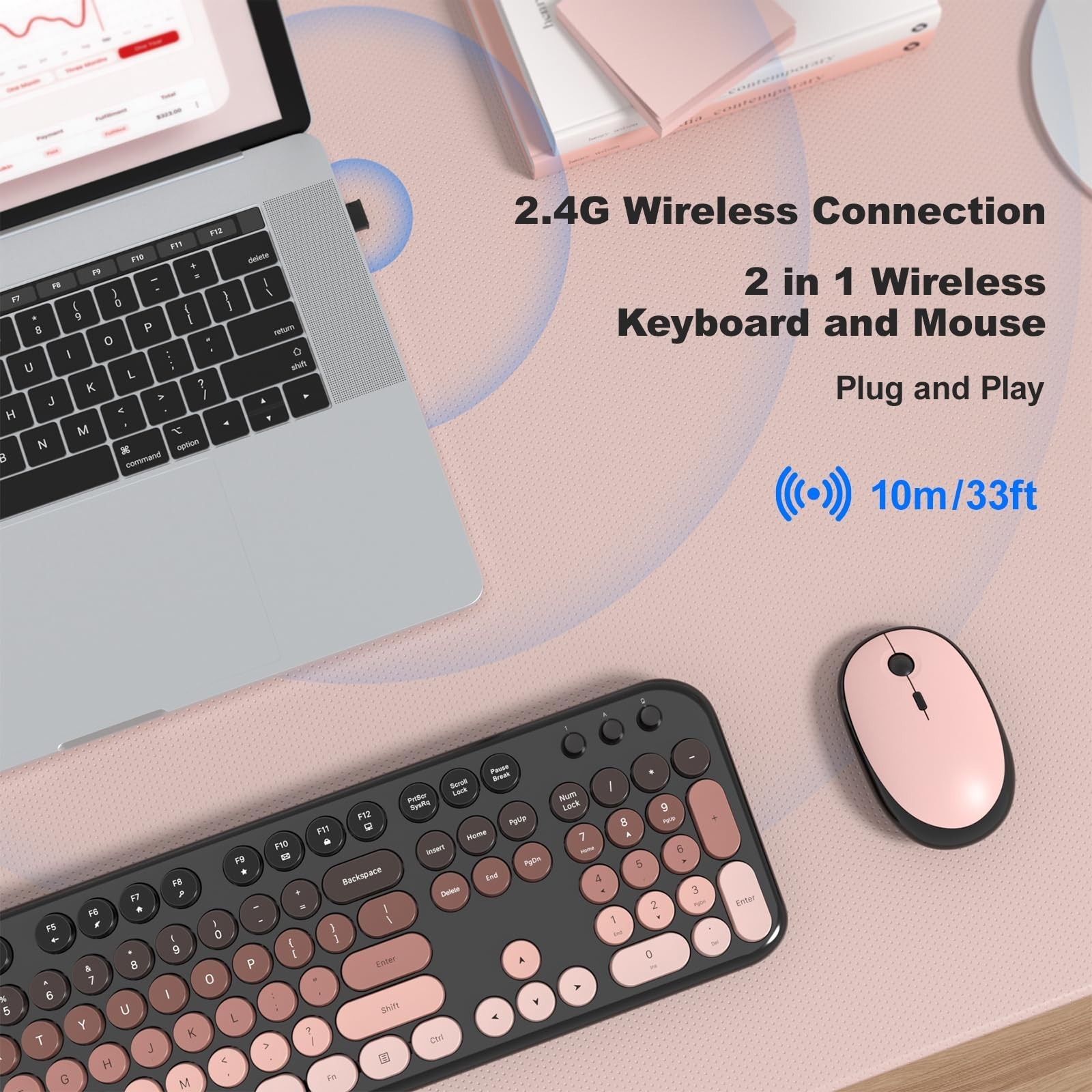 Wireless Keyboard and Mouse Combo, Typewriter Full Size Retro Keyboard with N...