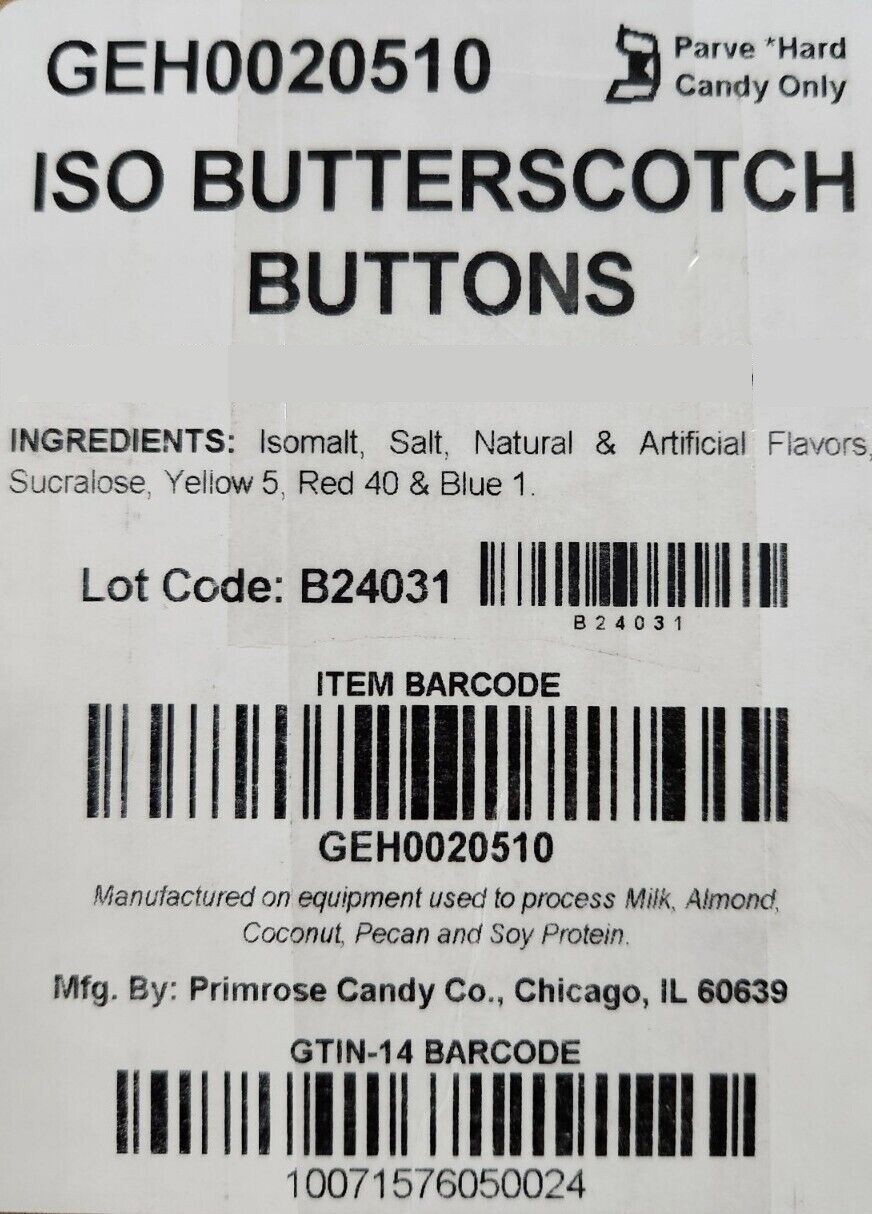 Primrose 2 LB SUGAR FREE Butterscotch Wrapped Hard Candy Buttons Discs Disks