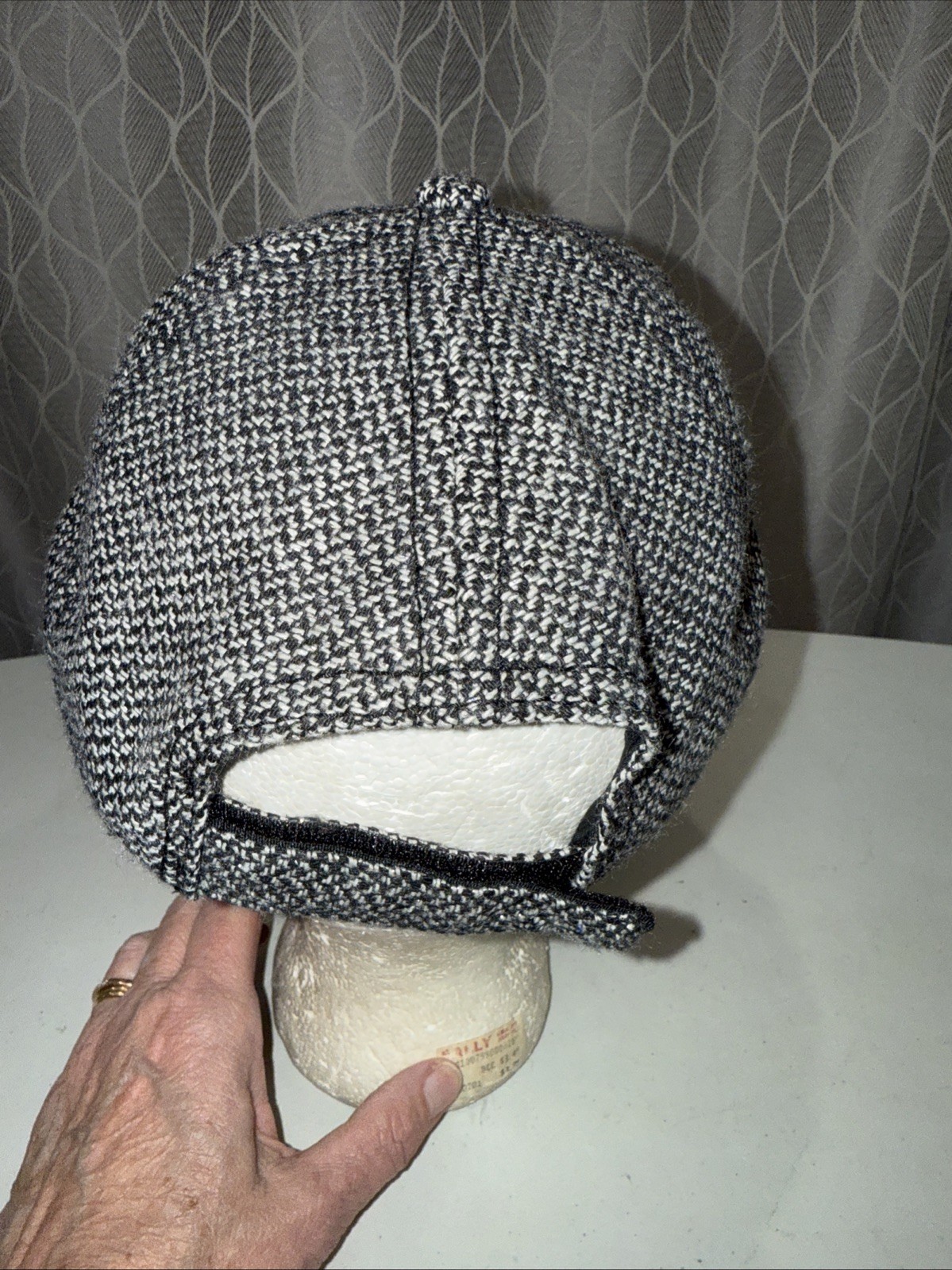 Tweed Black White Look Fabric on 6 panel Hat Cap Hook Loop EUC