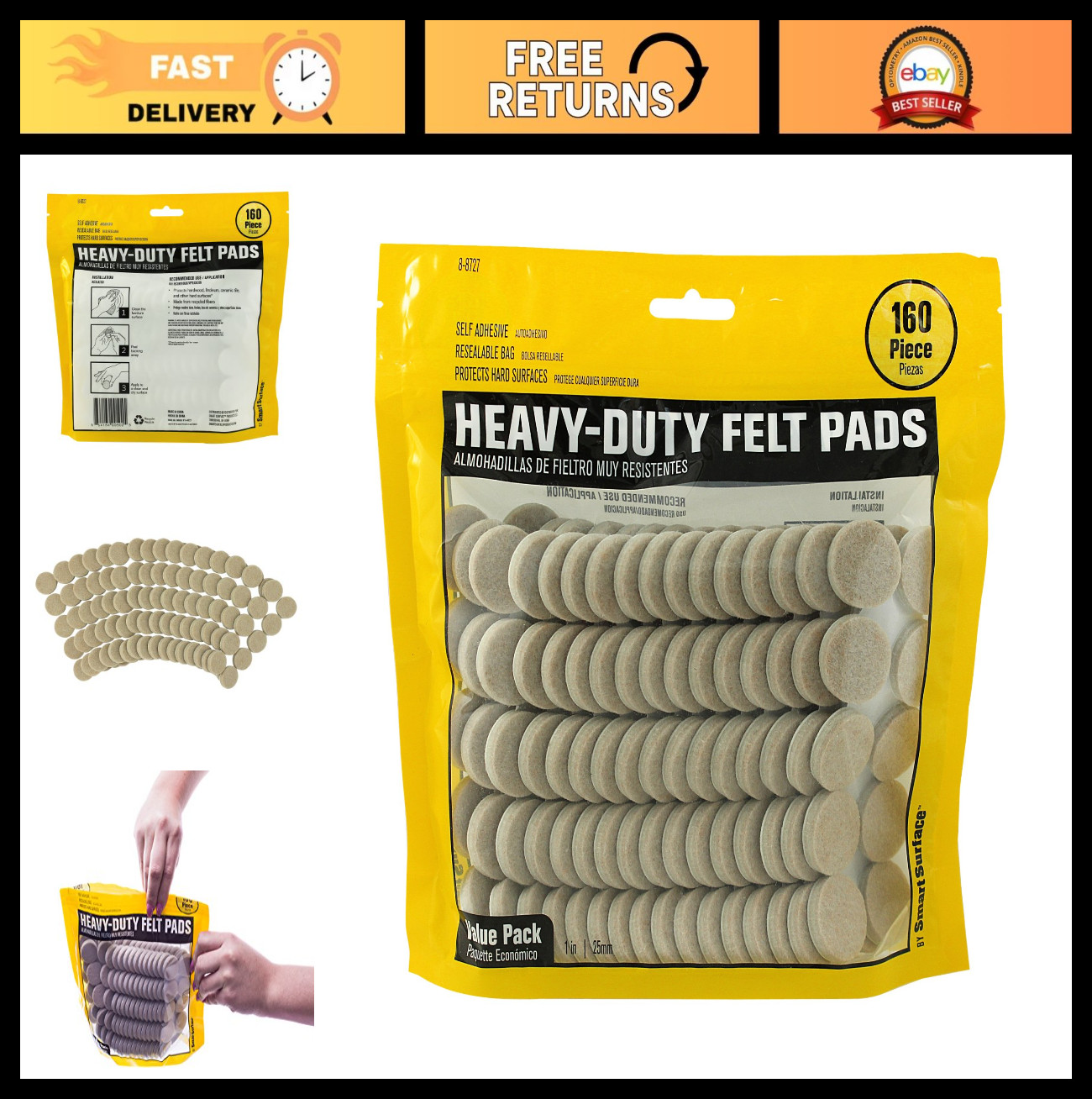 Heavy Duty Self-Adhesive Furniture Felt Pads 1" Round Oatmeal 160-Pack Resealabl