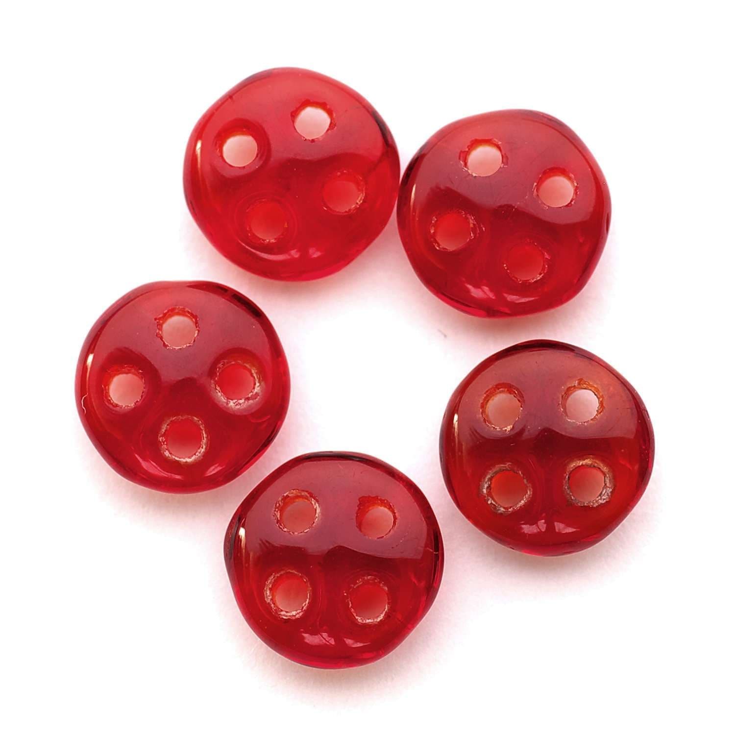 Lentil 4-Hole Bead, Ruby, 6mm x 6mm